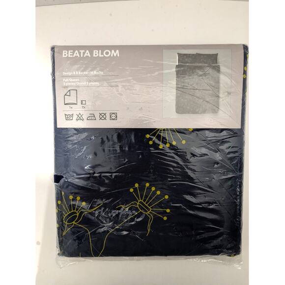 IKEA BEATA BLOM Full/Queen Quilt Cover 2 Standard Pillowshams Navy & Yellow - Picture 1 of 12
